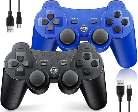 OKHAHA Controller 2 Pack for PS3 Wireless Controller for Sony Playstation 3  Double Shock 3  Bluetooth  Rechargeable  Motion Sensor  Remote for PS3 (With Stripes(Black + Blue))