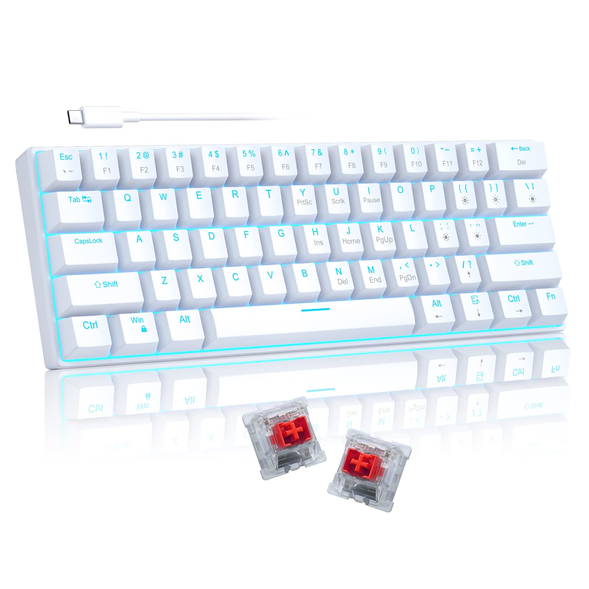 Camiysn 60% Mechanical Gaming Keyboard, White with Red Switches, Detachable Type-C Cable, Mini Keyboard for Windows/Mac/PC/Laptop