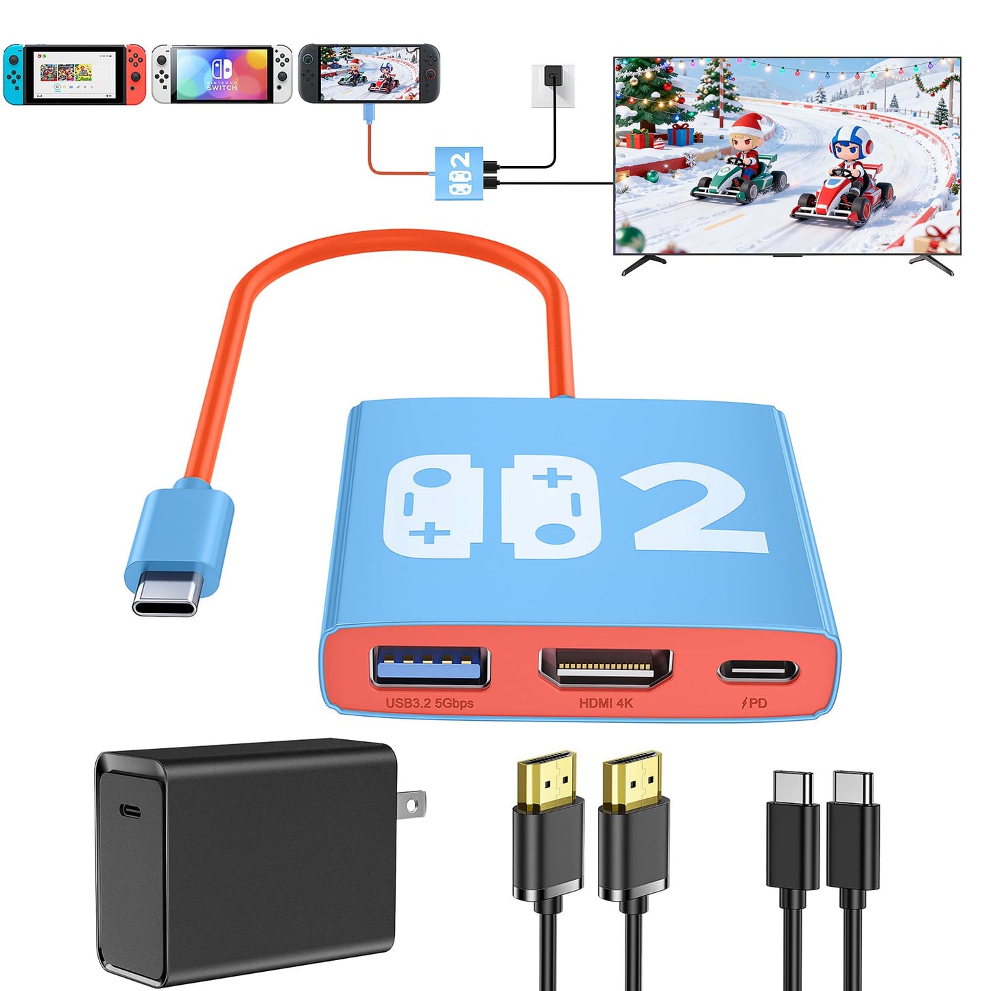 4-in-1 Switch 2/1/OLED Dock Set  Bemkiru Portable Travel Dock Adapter for Nintendo Switch 2 with HDMI 4K@60Hz  USB 3.2 & PD 100W Port  65W Power AC Charger & HDMI & 5FT USB-C Cable