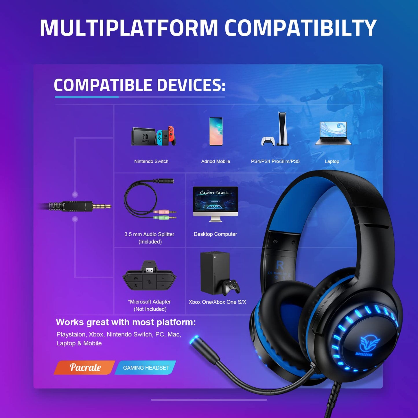 Pacrate H-11 Gaming Headset - Noise Cancelling, LED Lights, PS5/PS4/Xbox/PC, Black Blue