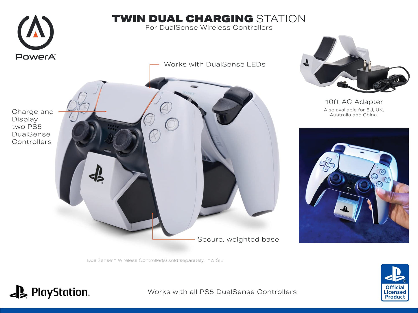 PowerA Twin Charging Station for PS5 DualSense Controllers, Officially Licensed, Model 1516956-01R, Durable Plastic Construction