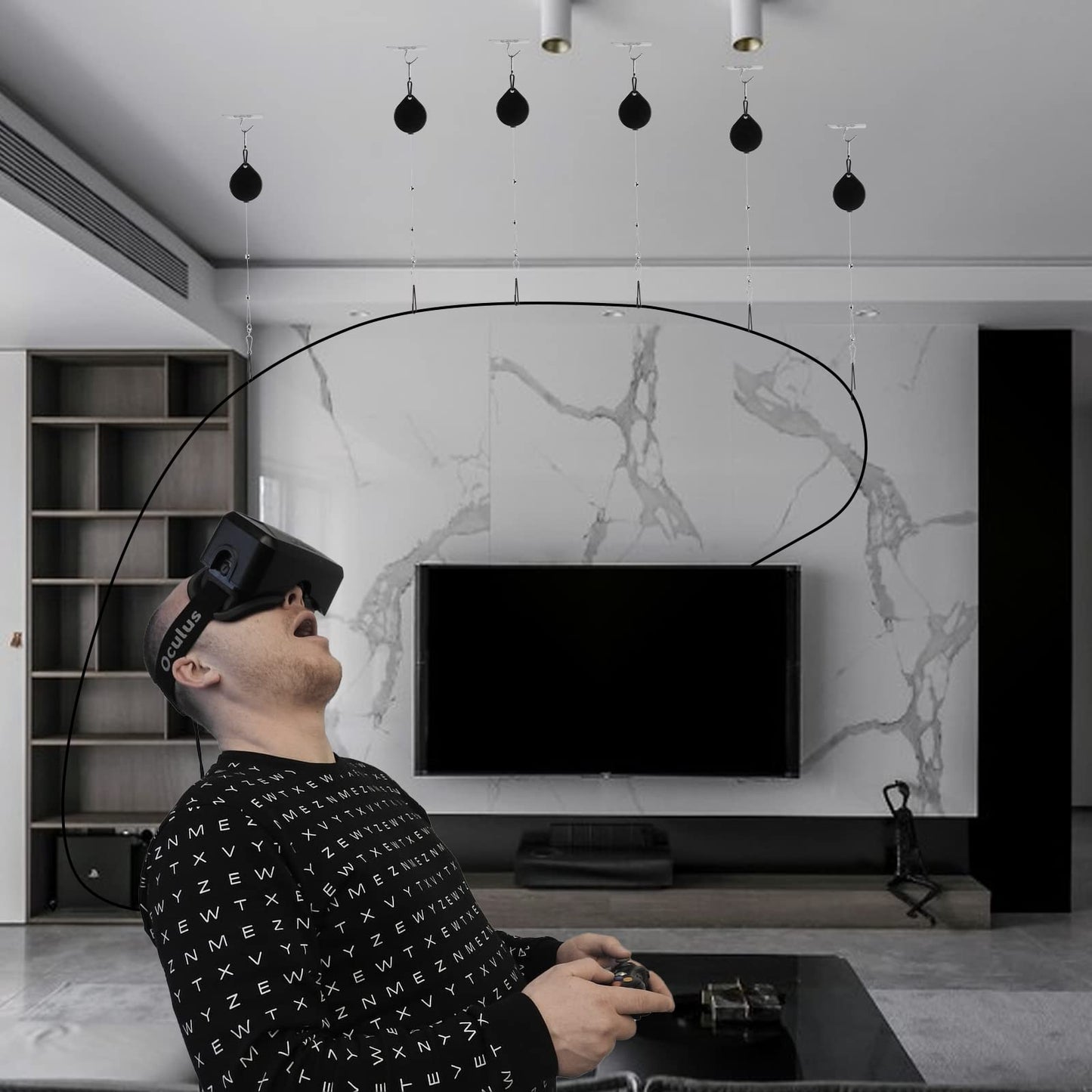 GEEKRIA VR Cable Management Pulley System - 6 Packs, Drill-Free, Compatible with Meta Q2/Q3/PSVR 2/HTC Vive, Black, Model SMPJ168-