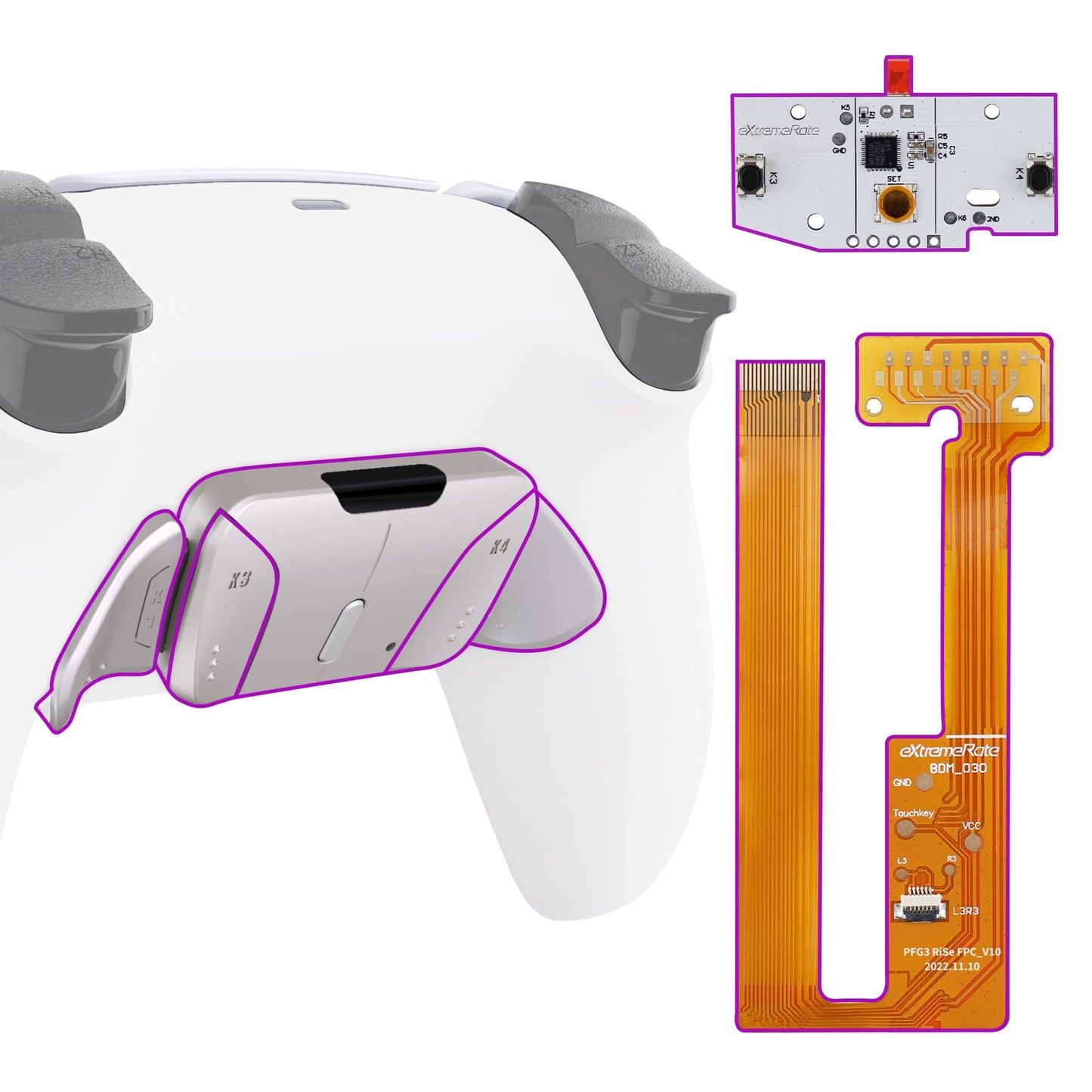 eXtremeRate White Programmable Real Metal Buttons (RMB) Version RISE4 Remap Kit for PS5 Controller BDM-030 040 050  Upgrade Board & Redesigned Back Shell & 4 Back Buttons for PS5 Controller