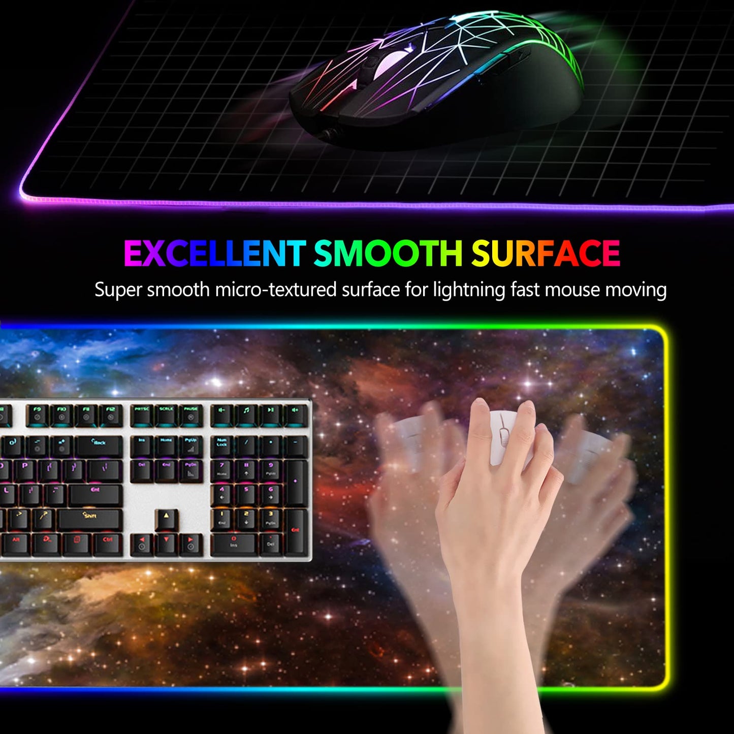 AIMSA Large RGB Gaming Mouse Pad - 35.4"x15.8", Non-Slip Rubber Base, Colorful Galaxy Nebula, 14 Lighting Modes