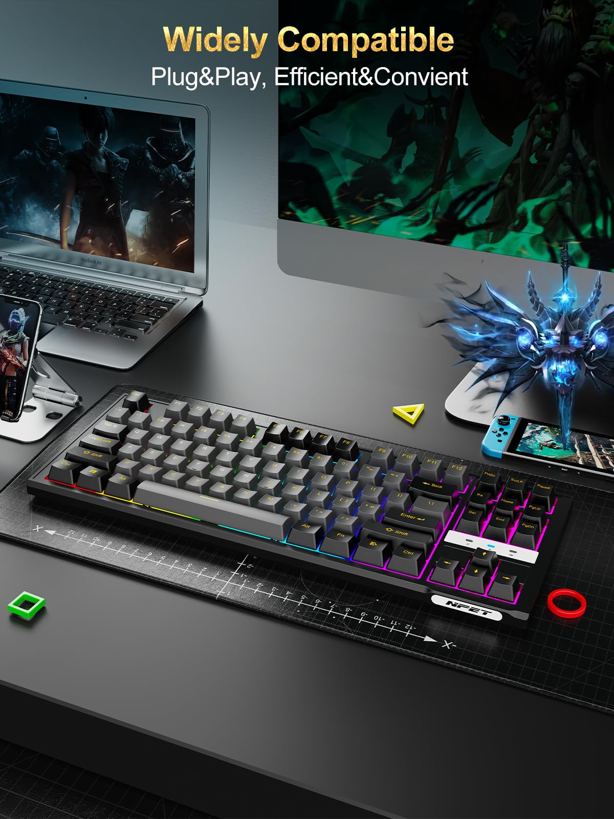 NPET CR87 Mechanical Gaming Keyboard - Hot-Swappable 87-Key, RGB, 45g Red Switches, Anti-Ghosting, Black & Grey
