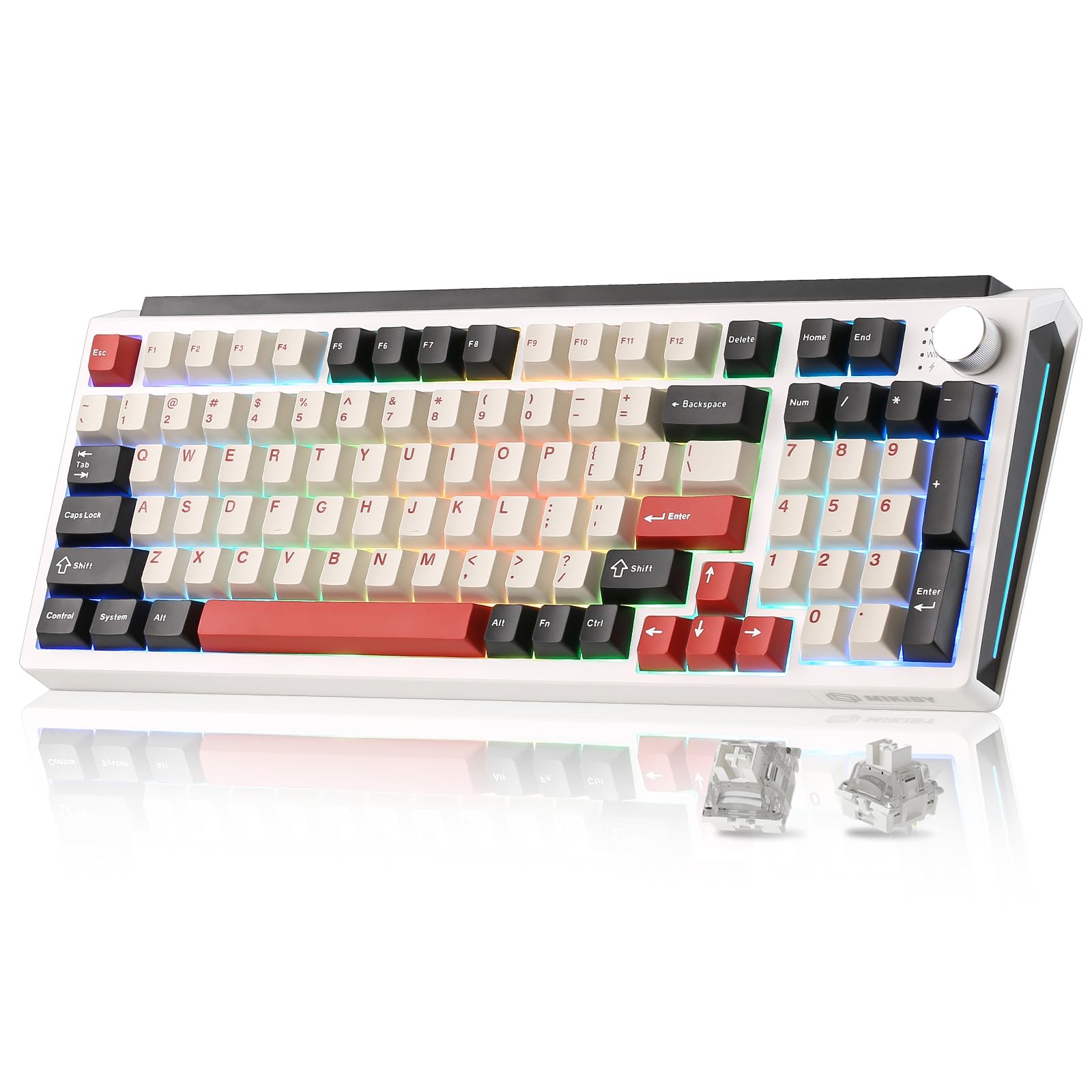 MIKIBY K98 Wireless Mechanical Keyboard Tri-Mode BT5.0/2.4GHz/USB-C Hot Swappable Custom Wireless Keyboard Gasket Structure RGB Backlit Gaming Keyboard for Win & Mac(White&Red Milk-V2 Switch)