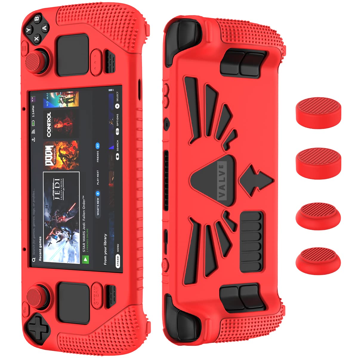 SUIHUOJI Steam Deck Standing Protective case  Thickening Silicone Accessories Protector  Soft cover Skin Shell with 2 Pairs Thumb grips  Full Protection Kit to Anti-Slip for Valve Stream Deck (Red)