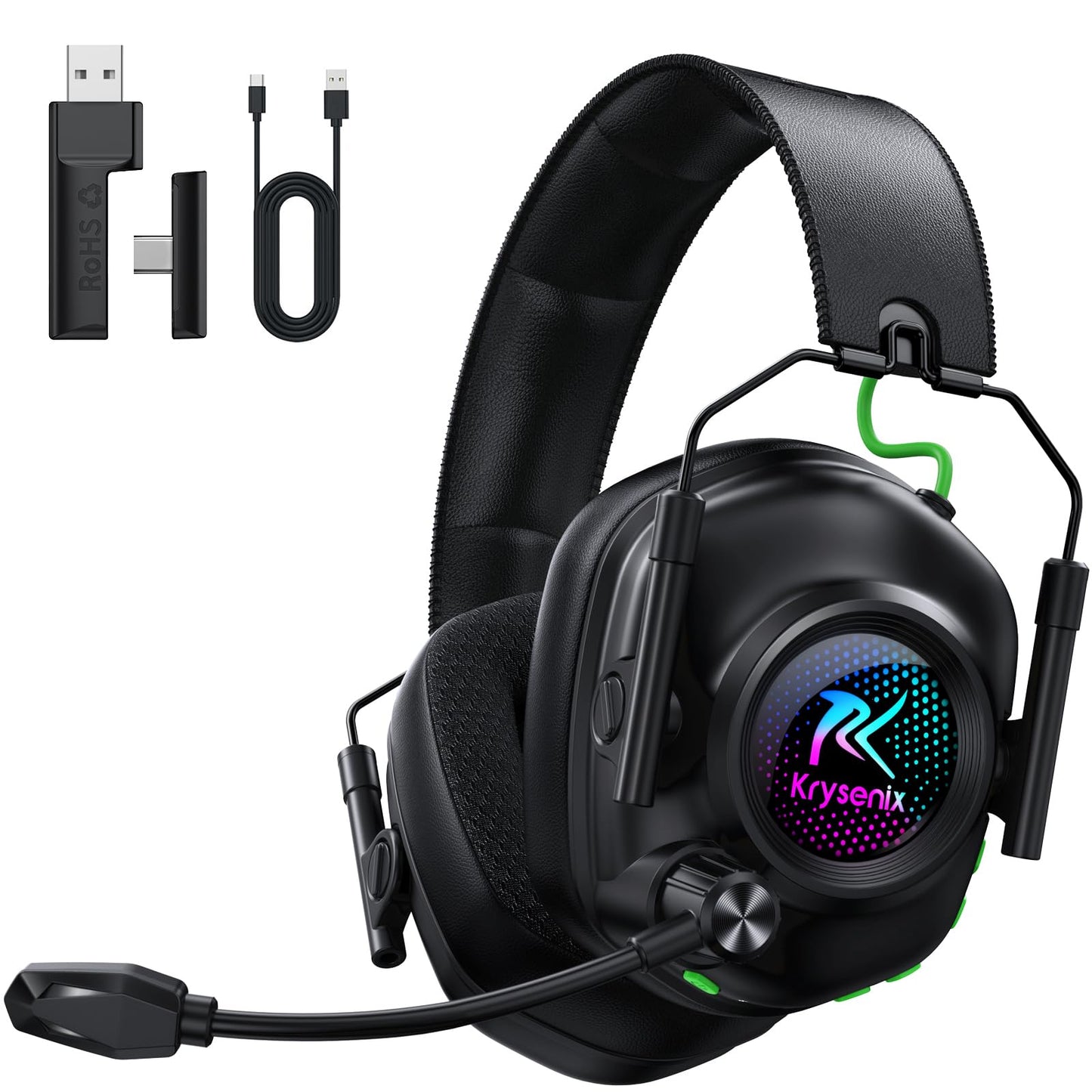 Krysenix 2.4 GHz Wireless Gaming Headset for PC  PS5  PS4  Switch  Mac  Bluetooth 5.4 Gaming Headphones with Noise Canceling Microphone  Cool RGB Lighting  50Hr Battery  Foldable  50mm Drivers-Black
