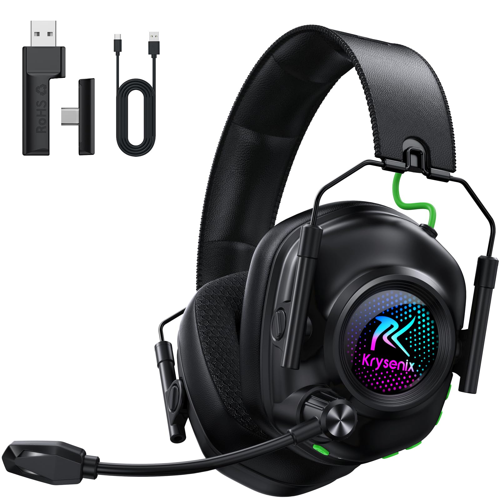 Krysenix 2.4 GHz Wireless Gaming Headset for PC  PS5  PS4  Switch  Mac  Bluetooth 5.4 Gaming Headphones with Noise Canceling Microphone  Cool RGB Lighting  50Hr Battery  Foldable  50mm Drivers-Black