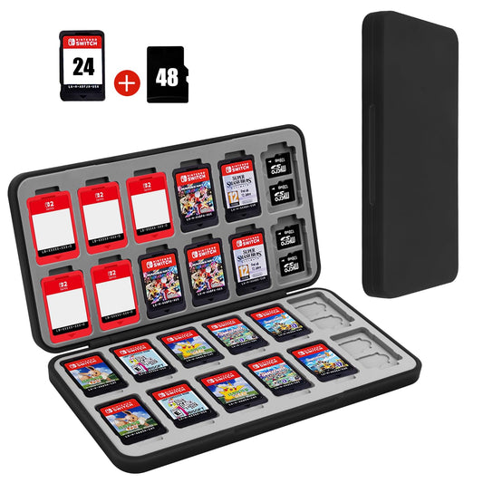 FYY Nintendo Switch Game Case Holder for Switch 2 refill unit Case with 24 Game Card sections & 48 Micro SD Card sections  Hard Shell  Silicone Lining Black