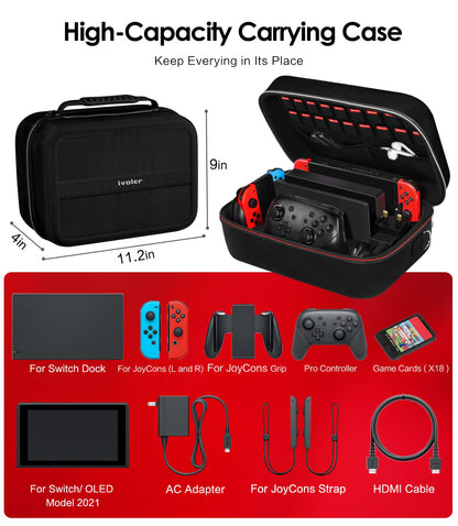 ivoler Nintendo Switch Carrying Case, Portable Hard Bag for Switch OLED, Soft Lining, Black, 11.2*4*0.9 inch, Includes 18 Games