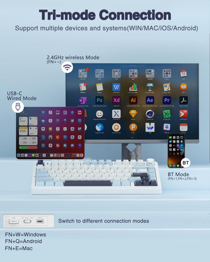 AULA F75 Wireless Mechanical Keyboard, Hot Swappable, RGB Backlit, Glacial Blue, 2.4GHz/Type-C/BT5.0