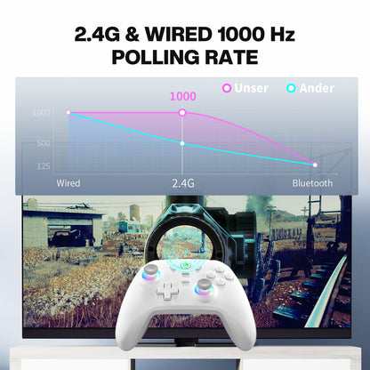 ECHTPower Wireless Gaming Controller - Hall Effect Joystick, 2.4G & Wired, 1000Hz Polling Rate, 800mAh Battery, Off-White, Model ES01