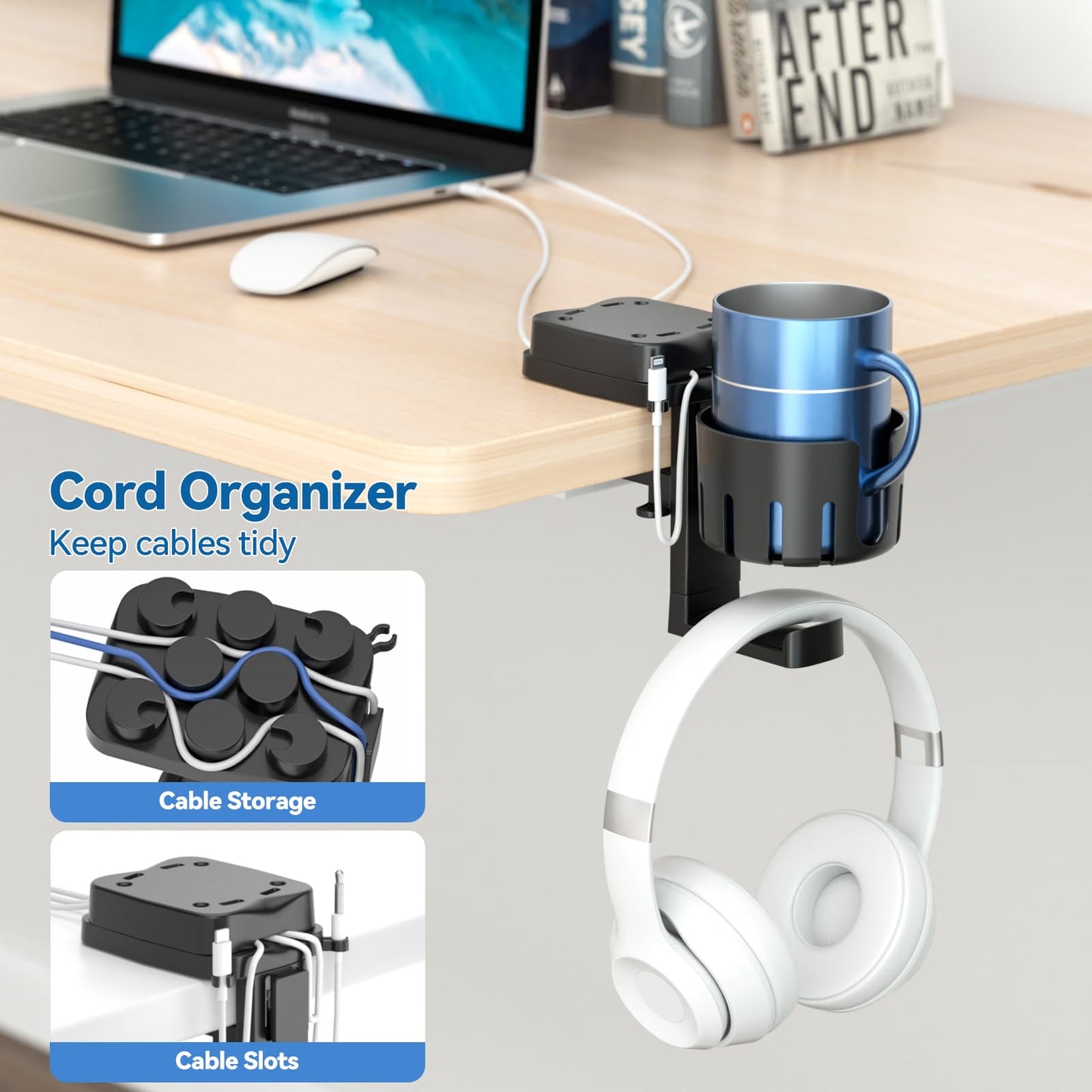 KDD 3 in 1 Headphone Hanger & Cup Holder - Rotatable Desk Organizer, Black