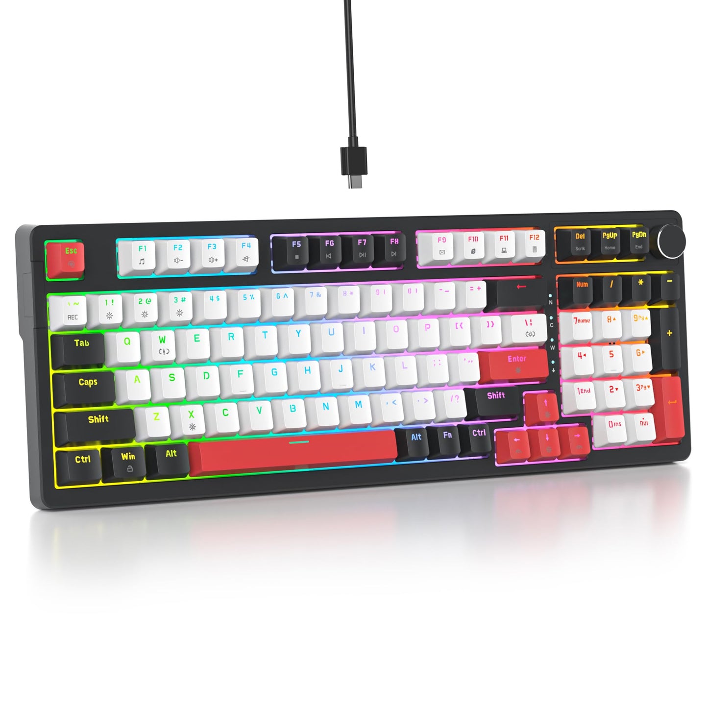 surmen Creamy Keyboard with with Number Pad  96% RGB Mechanical Keyboards Full Gasket Mounted Hot Swappable Custom Wired Thocky Keyboard with Knob for Office Gamer (98 White)