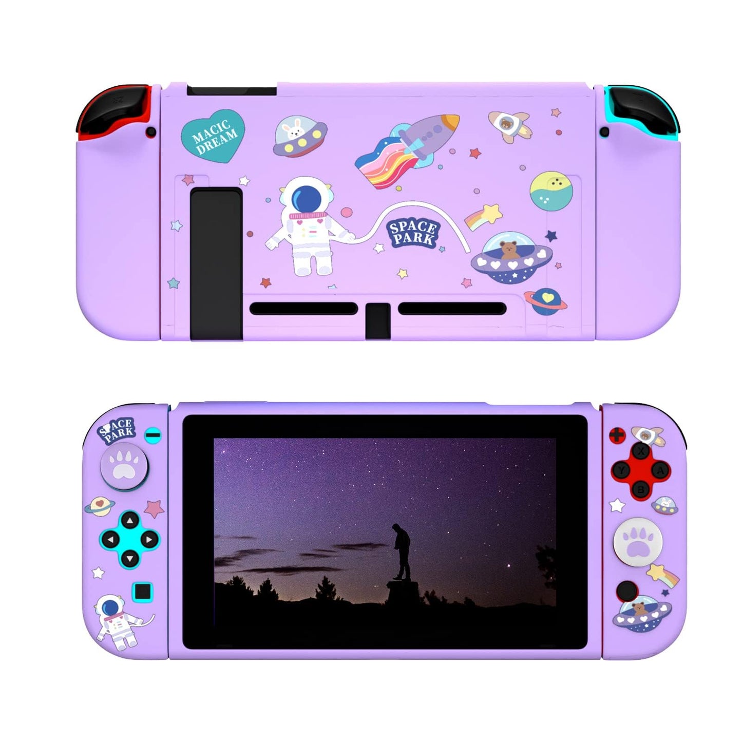 ECHZOVE Switch Case, Purple TPU Soft Shell with Cat Paw Grips & Tempered Glass Protector