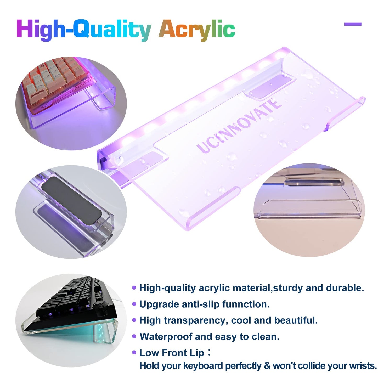 UCINNOVATE RGB Acrylic Keyboard Stand - Mini LED Backlit, 60% Size, Ergonomic Tilt for Home & Office Use