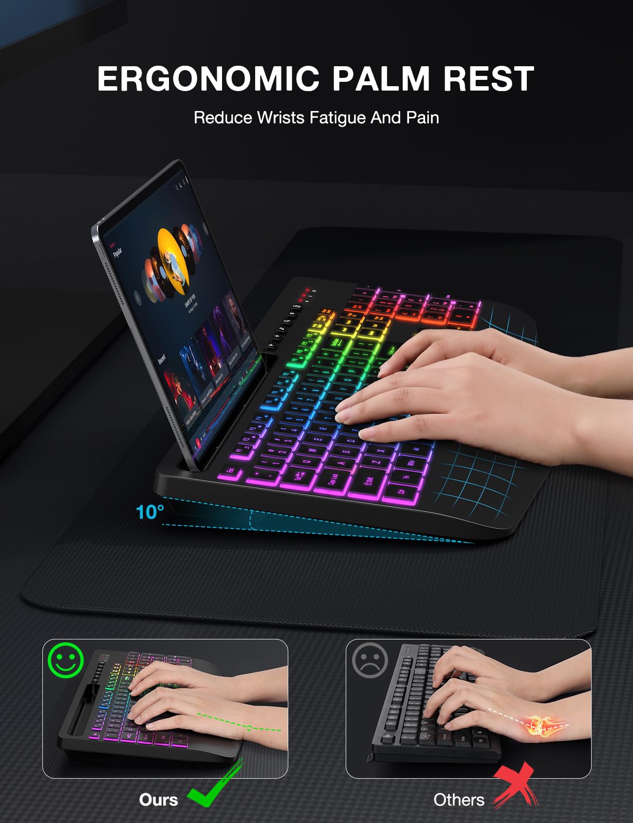 SABLUTE Wireless Keyboard KN213 PRO, Full-size, Pure Black, Ergonomic, Rechargeable, 9 Backlit Effects, Silent Keys for PC/Mac