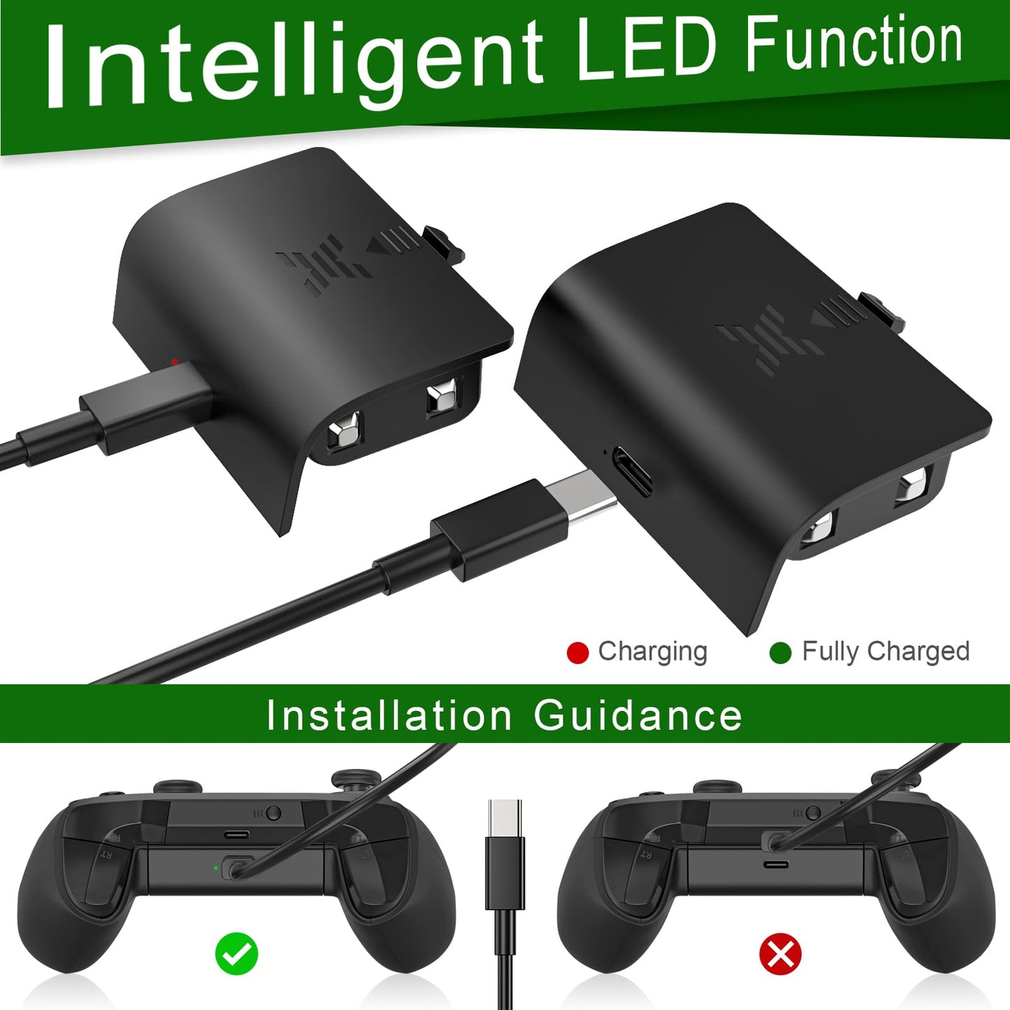 KEKUCULL Xbox Series S/X Controller Battery Pack - 1400 mAh Rechargeable with 8.2ft Charge Cable - Black1