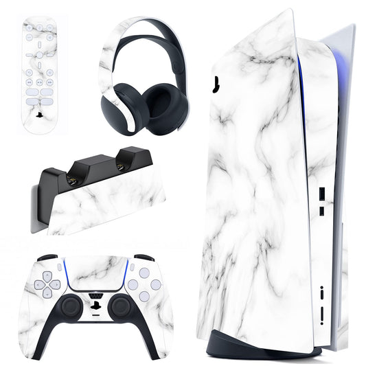 PlayVital Seamless White Marble Full Set Skin Decal for ps5 Console Disc Edition  Sticker Vinyl Decal Cover for ps5 Controller & Charging Station & Headset & Media Remote