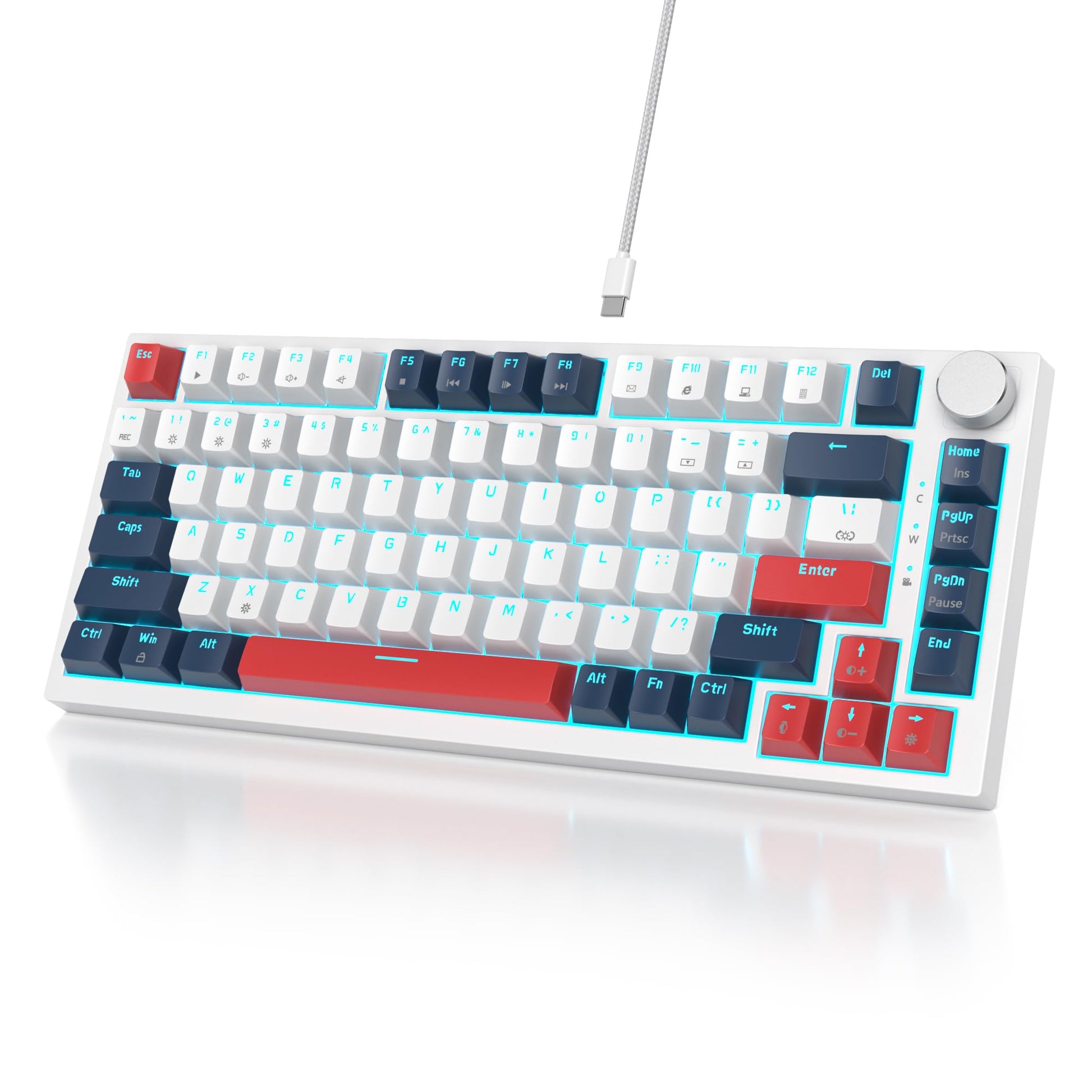 Owpkeenthy Wired 75% Mechanical Gaming Keyboard  82 Key Gasket Mechanical Keyboard with Volume Knob Hot Swappable Linear Red Switch RGB Backlit for PC Laptop (White Earth)