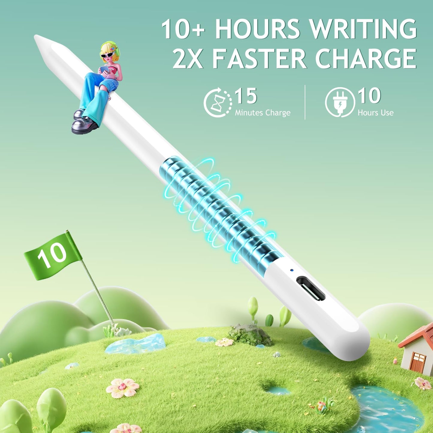 JAMJAKE Stylus Pen for iPad - Fast Charging, Compatible with iPad Pro 11/12.9", iPad 10th Gen, White, Model K11