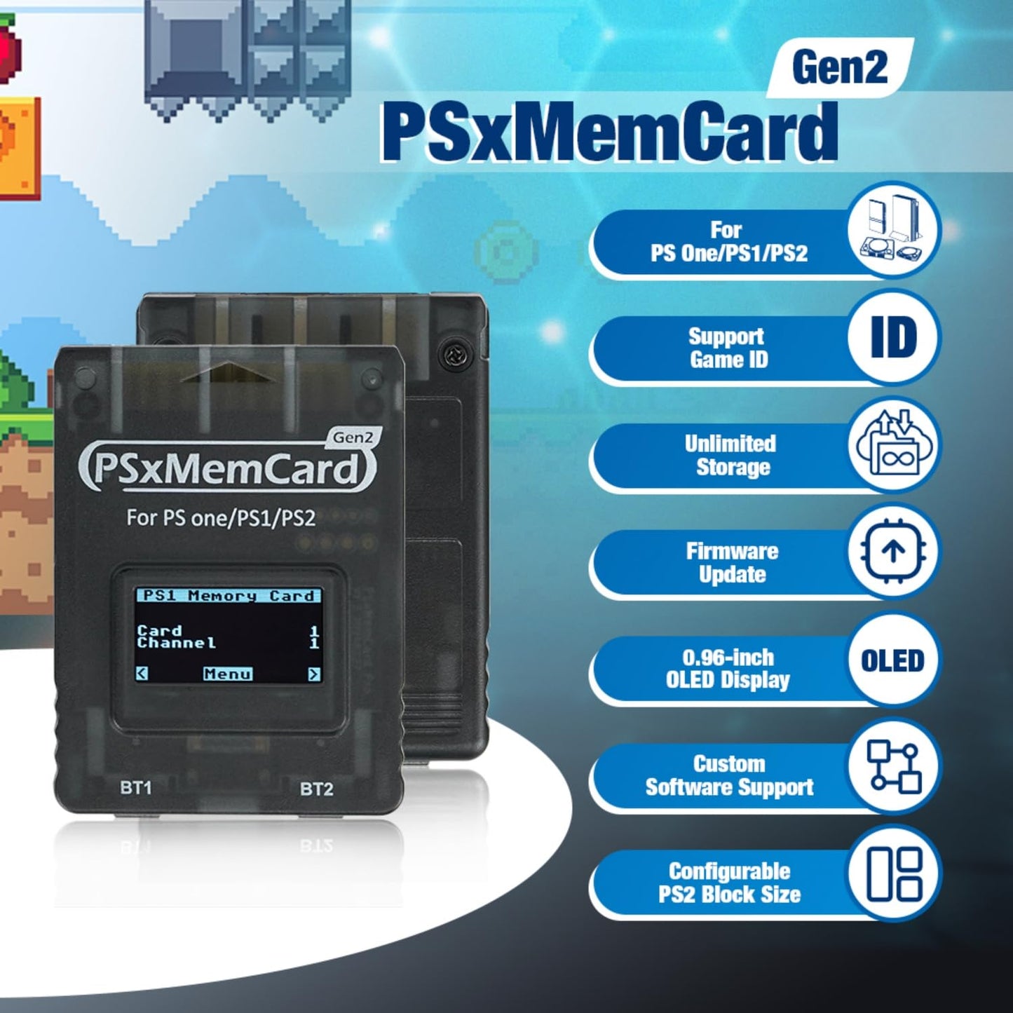 BITFUNX PSxMemCard Gen2 - High-Speed 8GB Memory Card for PS2/PS1, White, Supports Firmware Upgrade and Unlimited Storage