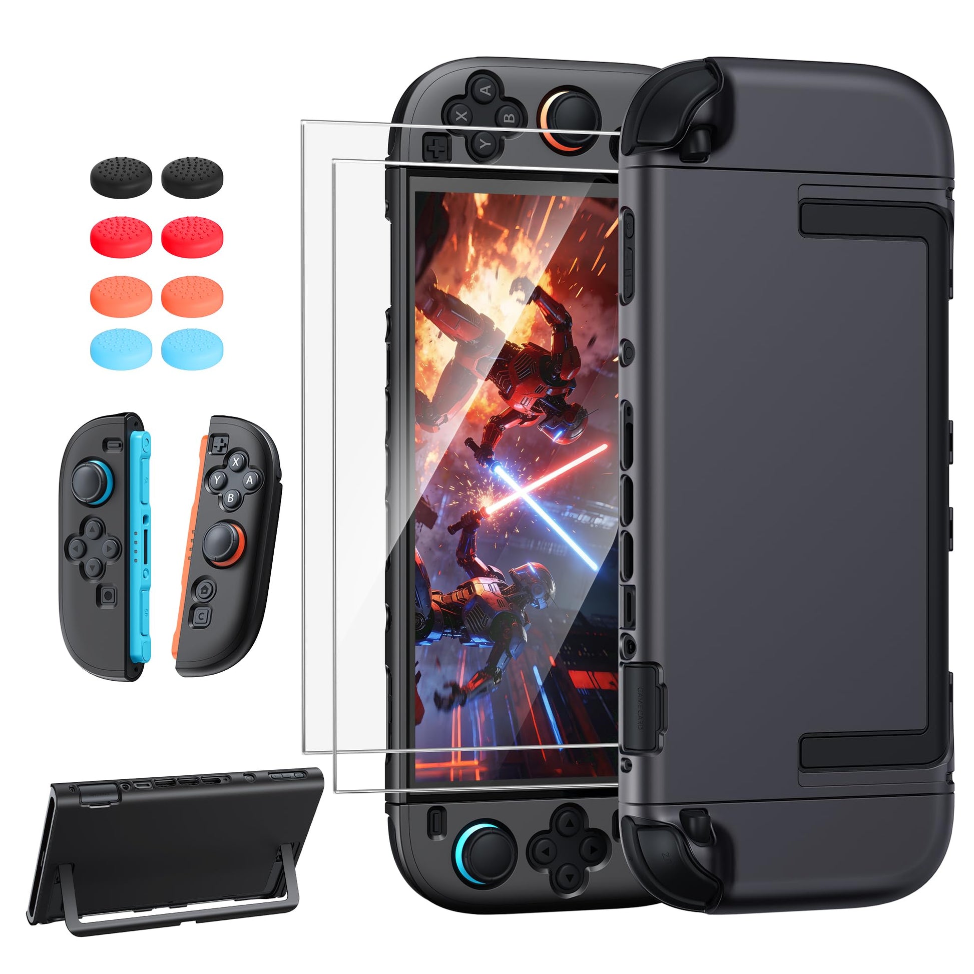 FYOUNG Upgrade Switch 2 Protective Case&Screen Protector Set  Dockable Cover Hard Shell for Nintendo Switch 2 2025 Console Accessories Travel-Friendly Kickstand Cutouts(Black  for switch 2 7.9inch)