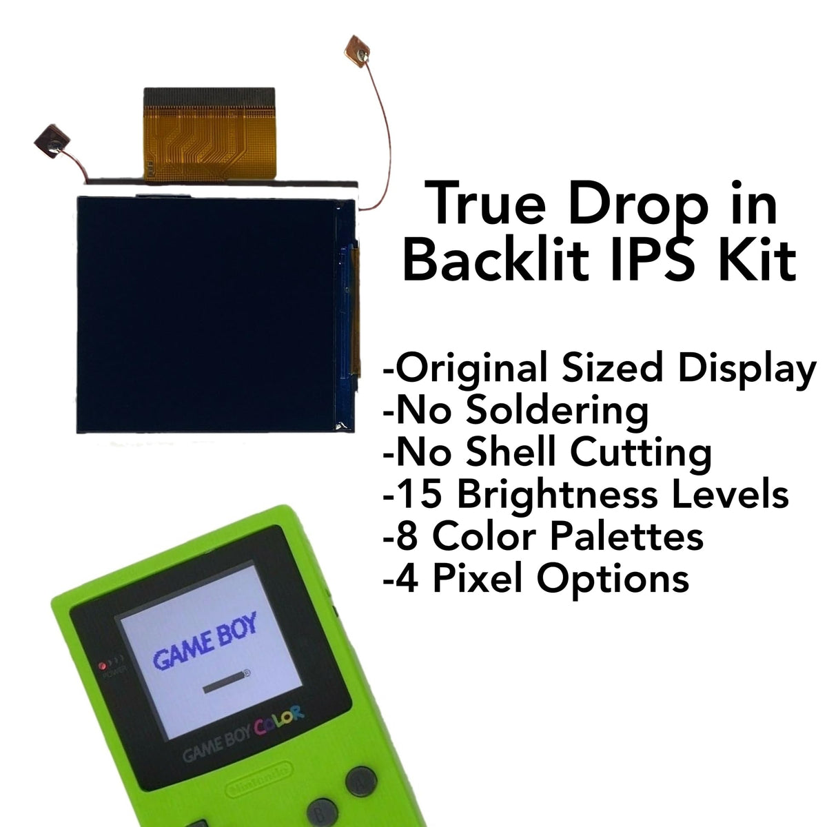 Game Boy Color 2.45 Inch IPS Backlight LCD Screen Replacement Kit [DROP-IN  NO SOLDER] for Gameboy Color GBC (LCD Kit Only)