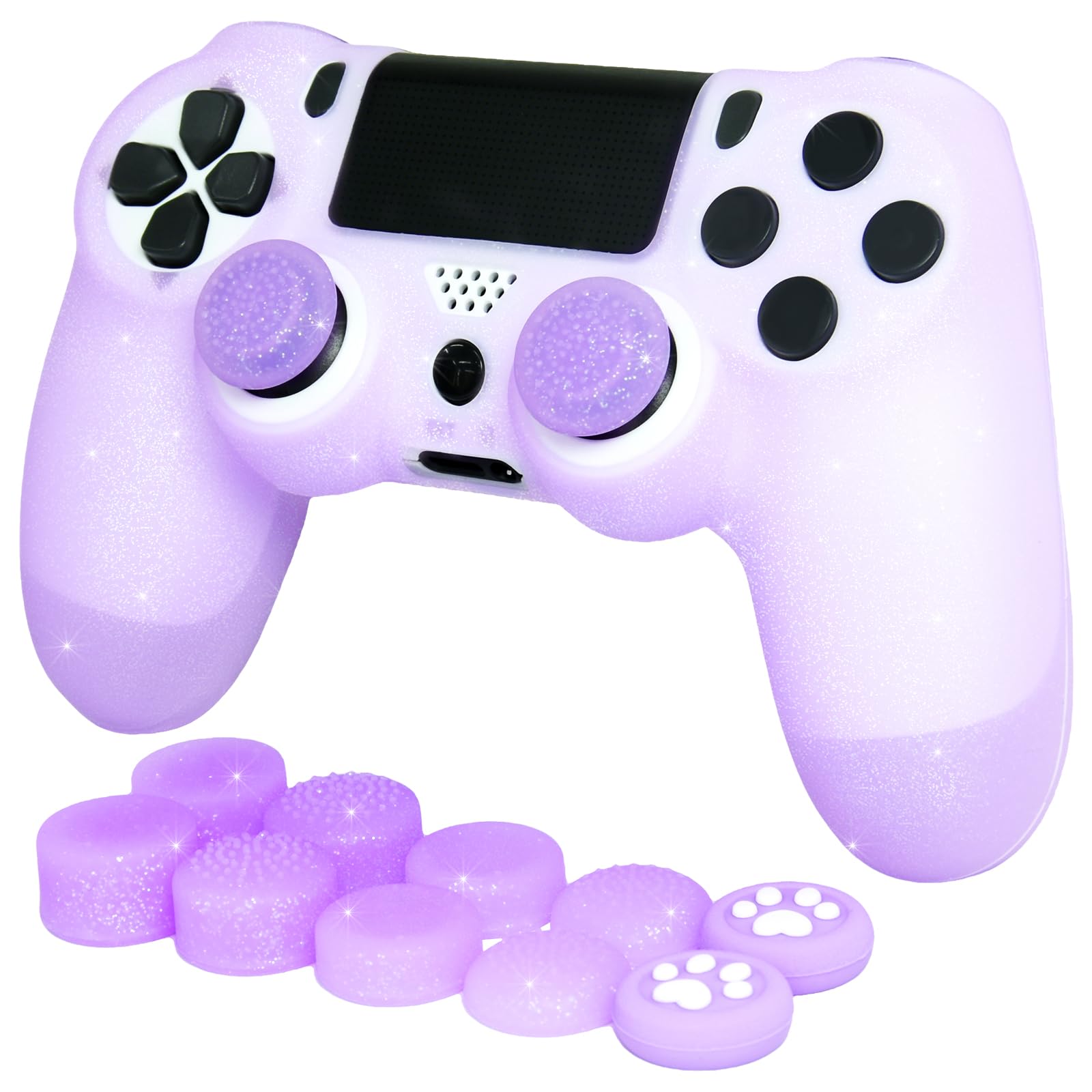 HLRAO Purple Glitter Anti-Slip Protective Silicone Cover Skin Compatible with PS4/Slim/Pro Controller 8 PCS Glitter Thumb Grips Caps and 2 Grips Caps.