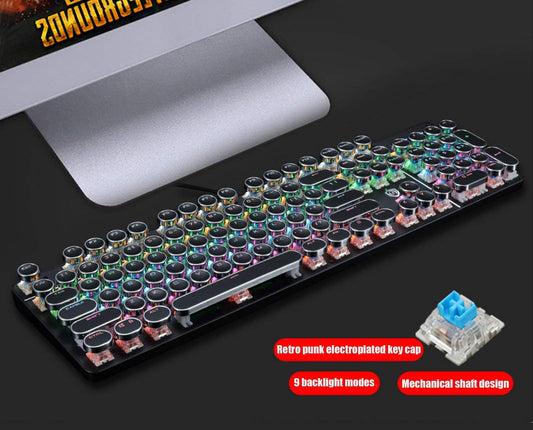 YSCP Mechanical Gaming Keyboard - Typewriter Style, LED Rainbow Backlit, Blue Switch, Retro Round Keycaps, One Size, Black