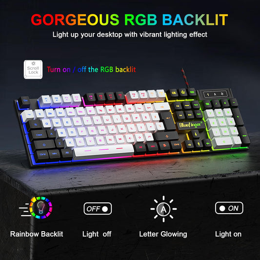 BlueFinger RGB Gaming Keyboard & Backlit Mouse Combo, USB Wired, Black & White