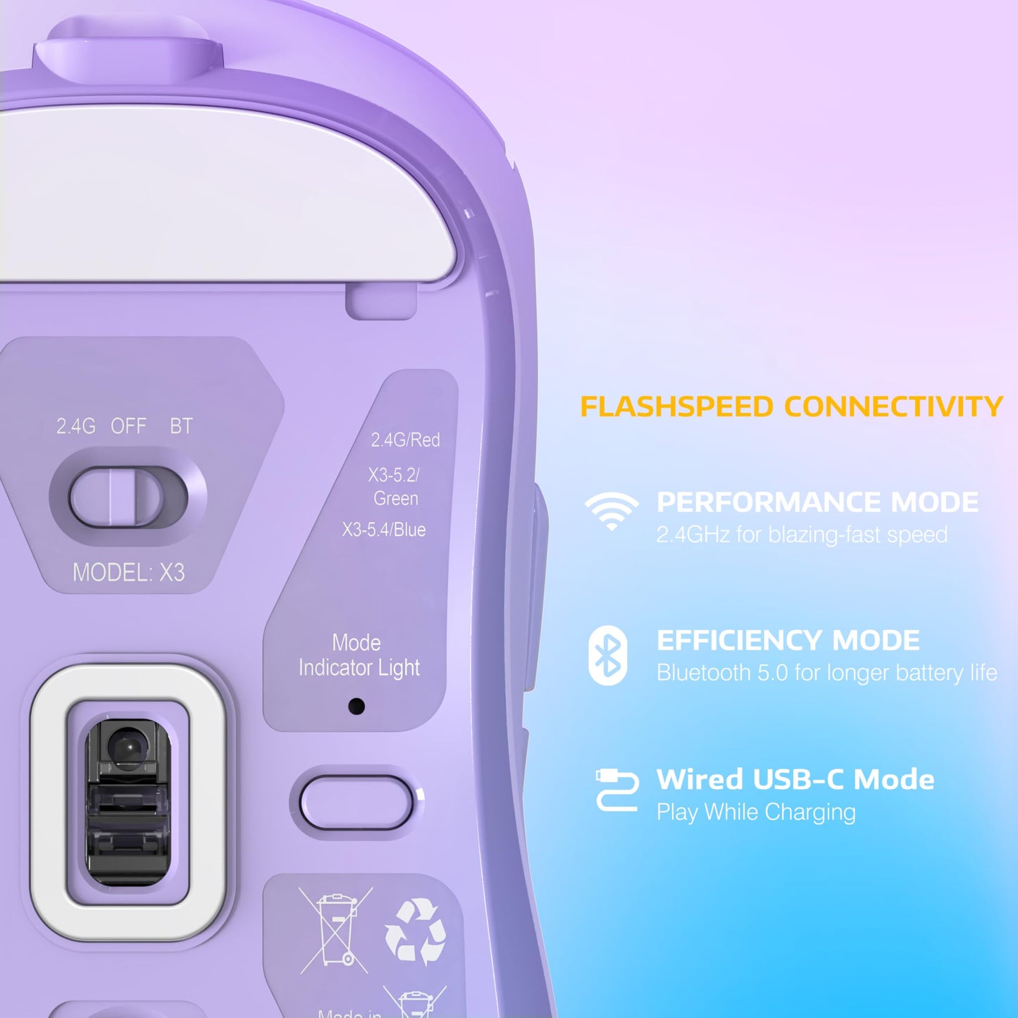 ATTACK SHARK X3 Lightweight Wireless Gaming Mouse - Tri-Mode 2.4G/USB-C/Bluetooth, Up to 26K DPI, Purple