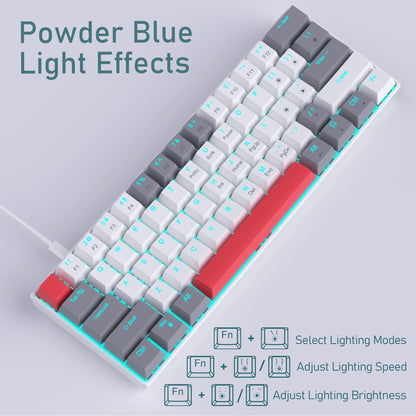 Camiysn 60% Mechanical Gaming Keyboard - Grey & White, Hot Swappable Red Switches, Mini Size, Wired Type-C, Powder Blue Backlight