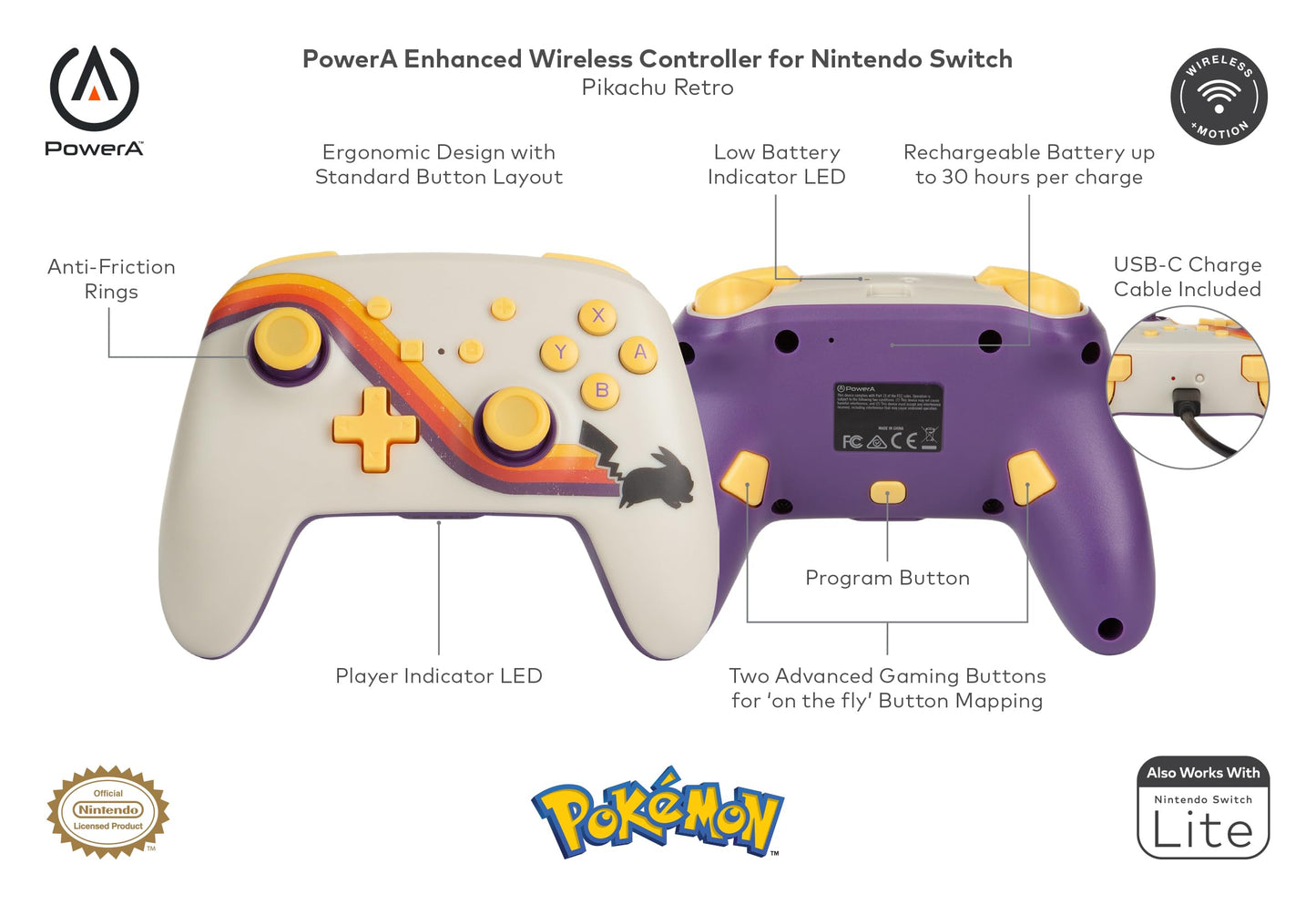 PowerA Enhanced Wireless Controller - Pokémon Pikachu Retro - White - Officially Licensed for Nintendo Switch/Switch Lite/OLED Model