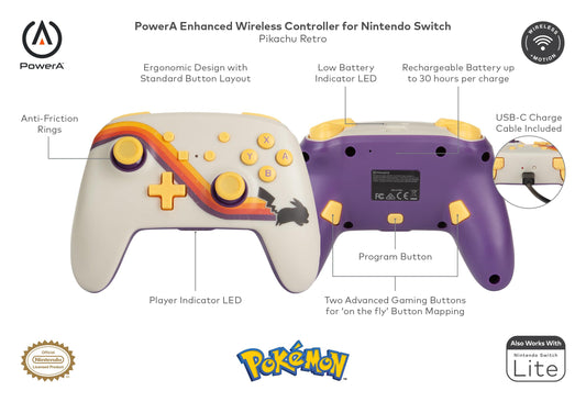 PowerA Enhanced Wireless Controller - Pokémon Pikachu Retro - White - Officially Licensed for Nintendo Switch/Switch Lite/OLED Model