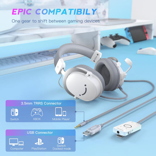 FIFINE H9W USB Gaming Headset - Over-Ear Wired, 7.1 Surround Sound, Detachable Microphone, Volume Control, White