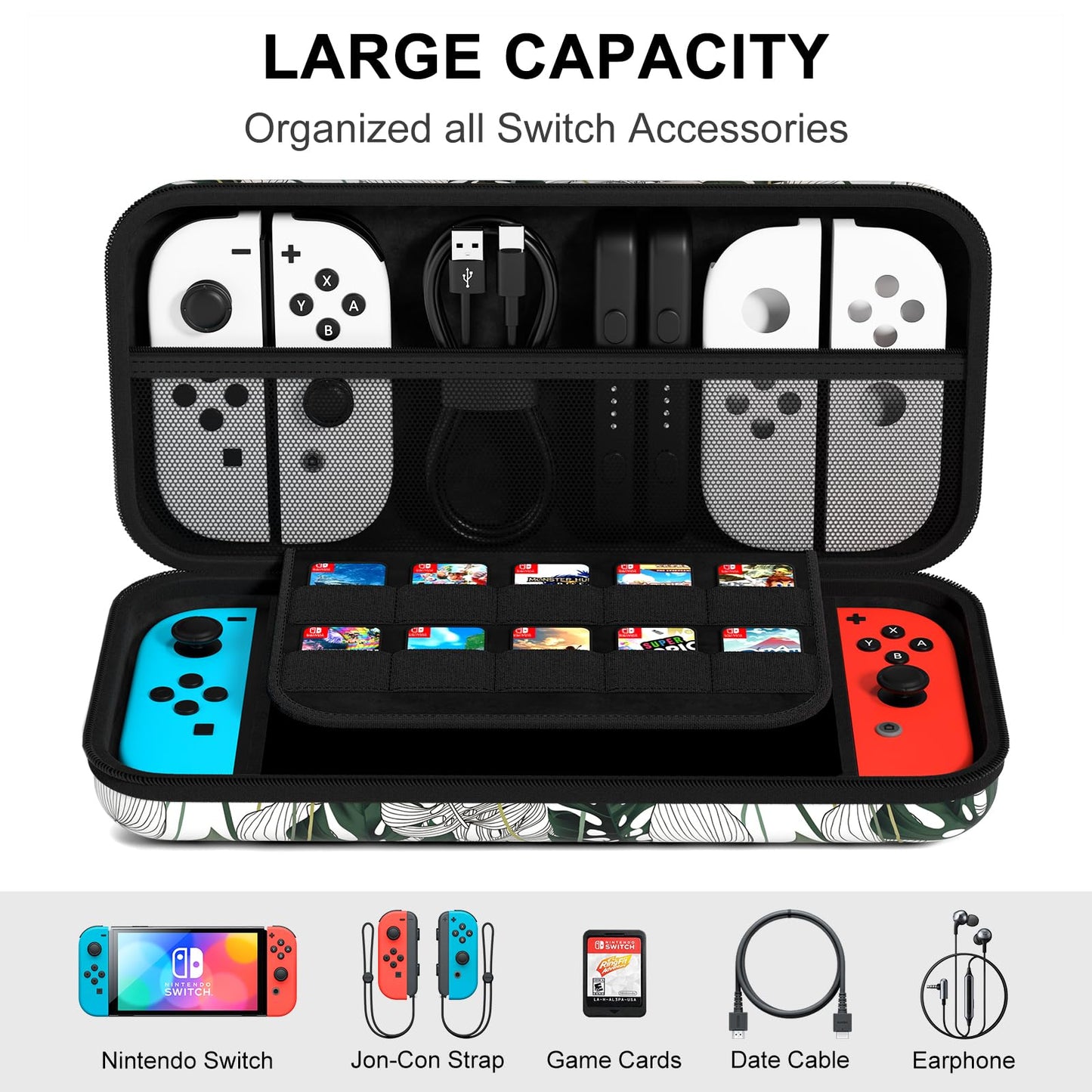 NPOOYI Hard Shell Carrying Case for Nintendo Switch OLED 2021/2017, Travel Case with Pockets, Green Leaf Color