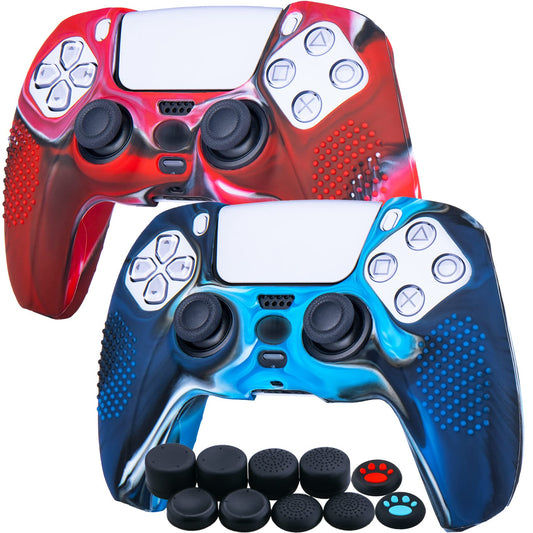 YoRHa Studded Silicone Cover Skin Case for PS5 Controller x 2(Camouflage Red+Blue) with Pro Thumb Grips x 10