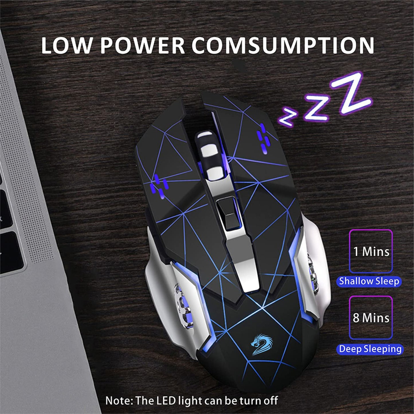 Uciefy Q85 Wireless Gaming Mouse - 2.4G LED Optical, Silent Click, 3 Adjustable DPI, Ergonomic Design, Starry Black