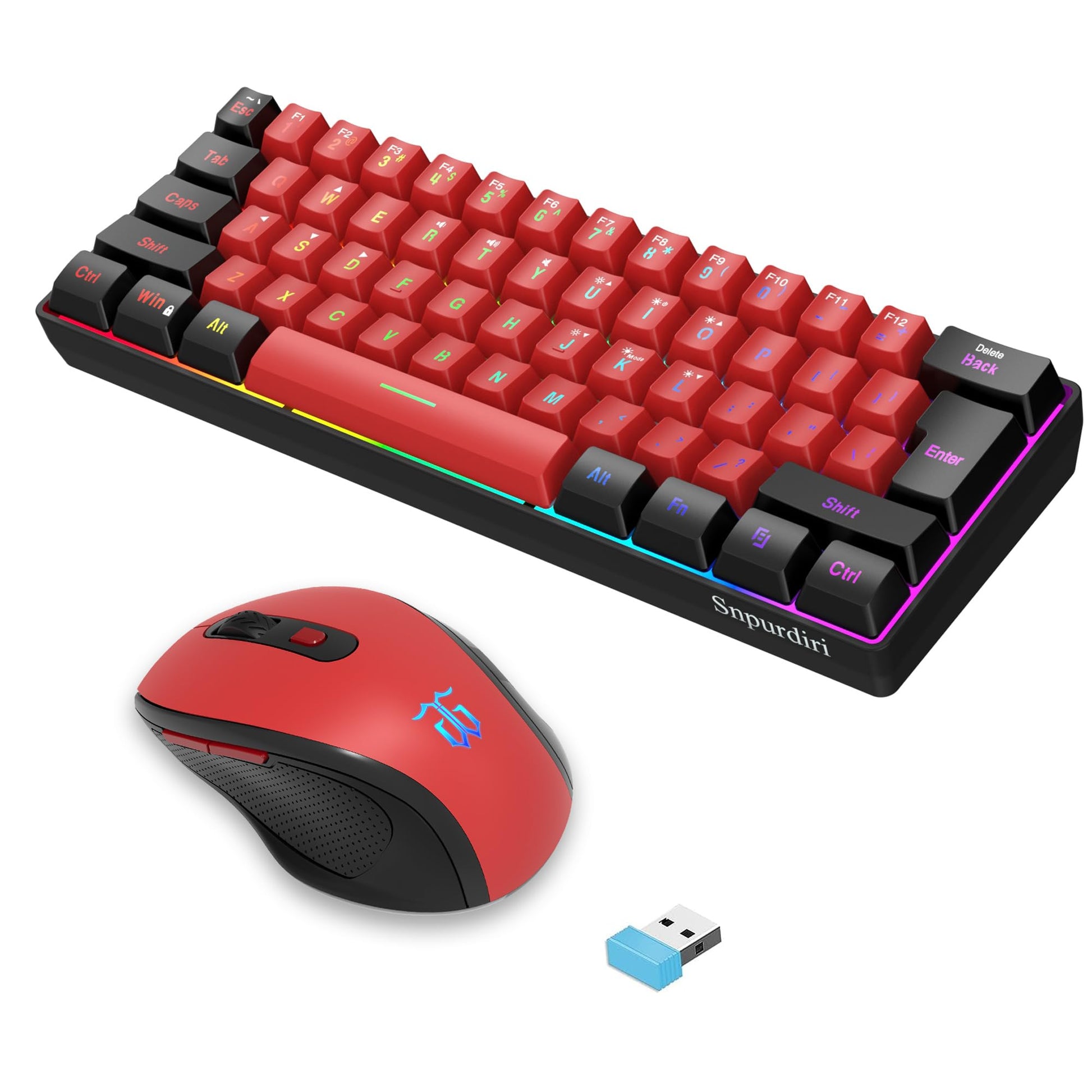 Snpurdiri Wireless Gaming Keyboard & Mouse Combo, 60% Size, Ergonomic Vertical Mouse, Black Red Combo