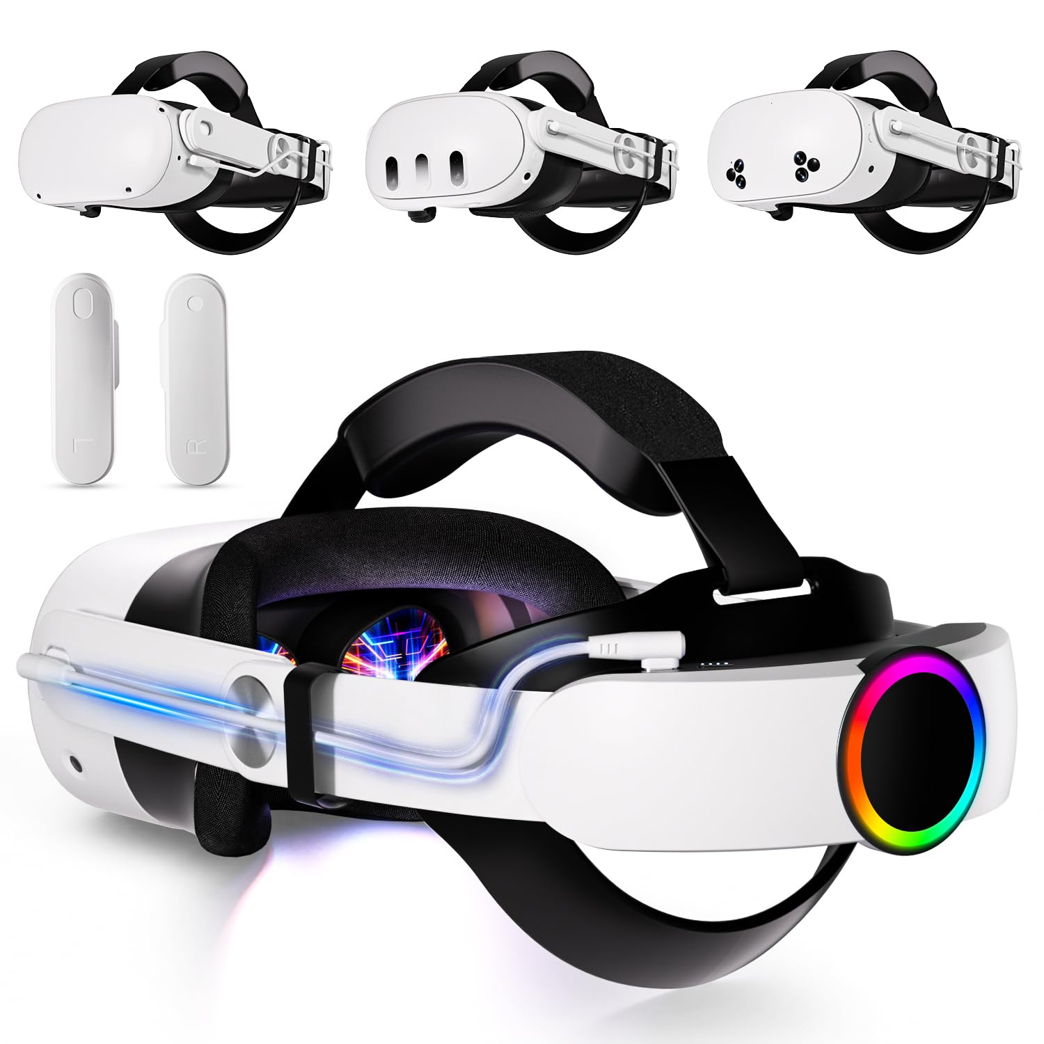 Saqico Battery Head Strap 10000mAh - Battery Strap Compatible with Meta Quest 3/3S & Quest 2 - RGB Battery Pack Extended Playtime - 20W Fast Charging VR Elite Strap Accessories