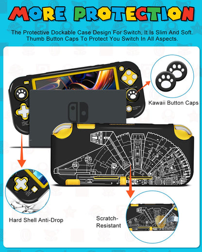 Gurgitat 7-in-1 Cool Ship Case for Nintendo Switch Lite - Black Star Warfare, Dockable, Includes Thumb Grips, Game Holder, Shoulder Strap