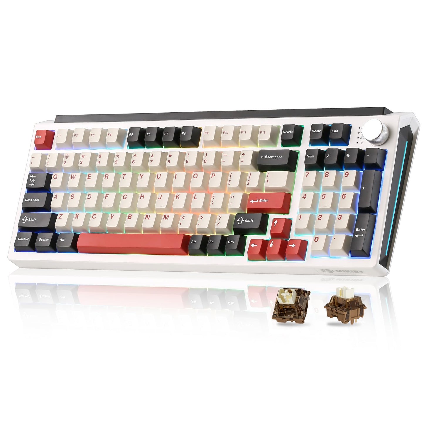 MIKIBY K98 Wireless Mechanical Keyboard Tri-Mode BT5.0/2.4GHz/USB-C Hot Swappable Custom Keyboard Gasket Structure RGB Backlit Gaming Keyboard for Win & Mac(White&Red Cocoa-V2 Switch)