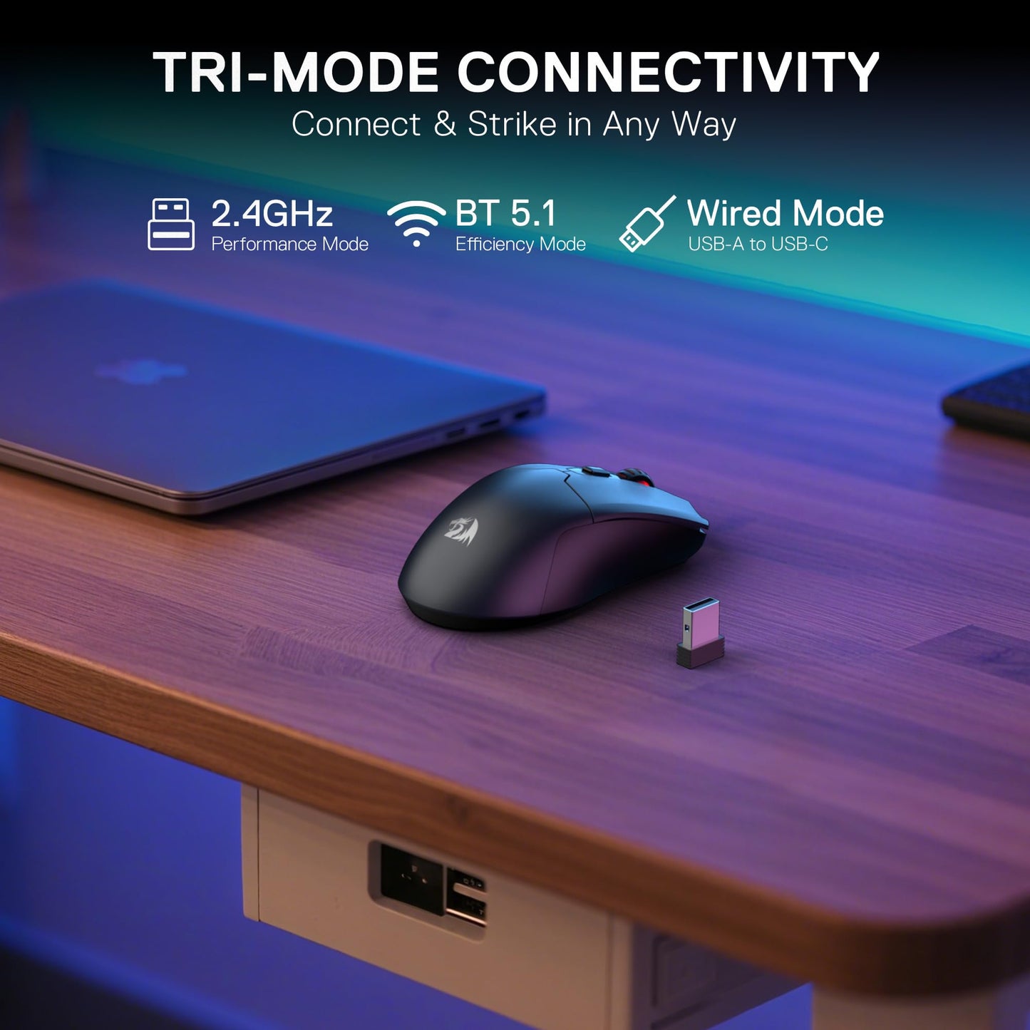 Redragon M995 LIT Wireless Gaming Mouse - 10000 DPI, Rechargeable, 6 Macro Buttons, Ultra Lightweight, Gray & Black