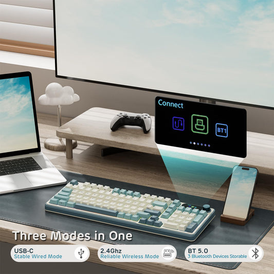 RK ROYAL KLUDGE S98 96% Wireless Mechanical Keyboard - Smart Display, Hot Swappable, Linear Cream Switch, Sky Blue