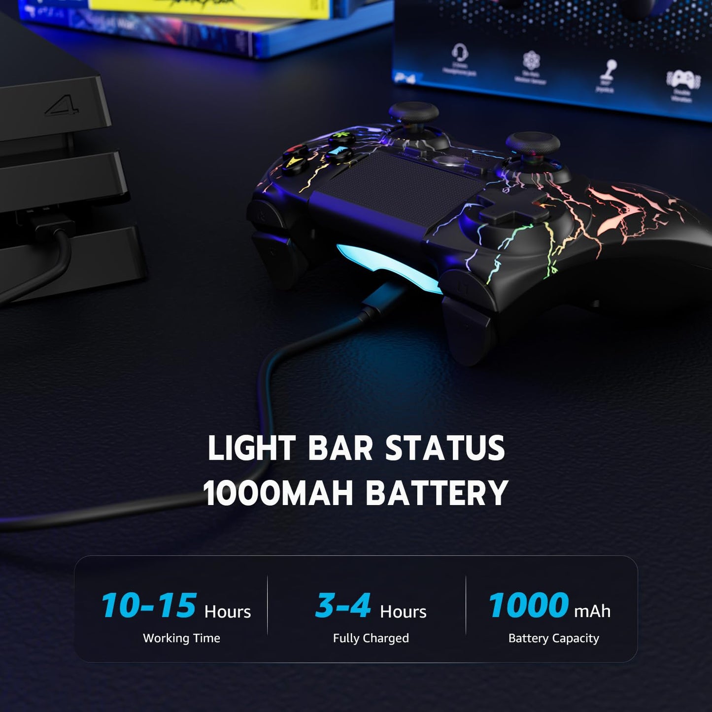ISHAKO Wireless Controller for PS4/PC - RGB Light, 1000mAh Battery, 3.5mm Audio Jack, Black