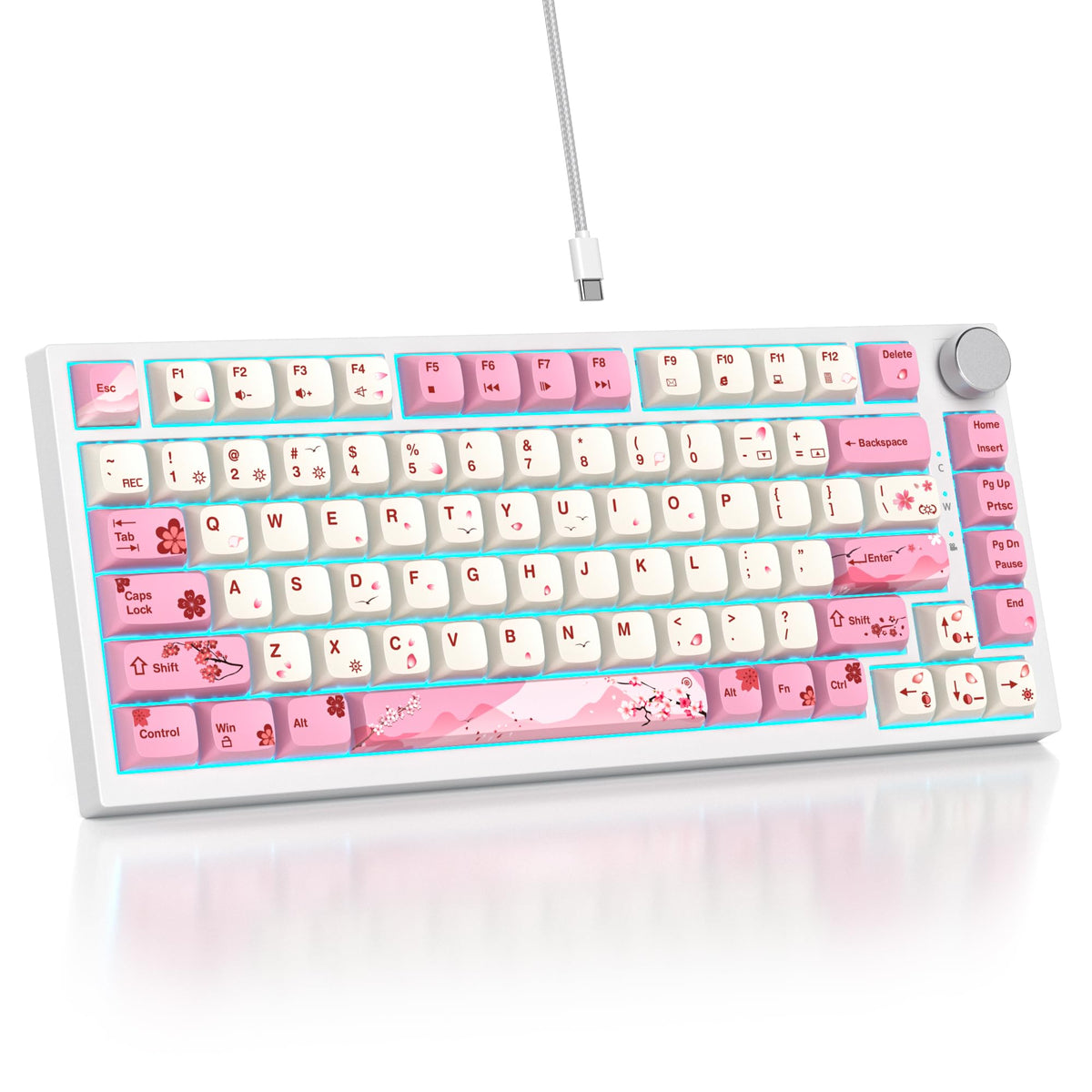 Mosptnspg 75% TKL Wired Mechanical Keyboard RGB Backlit Gasket Mount 82 Key Hot Swappable Custom Linear Red Switch Gaming Keyboard with Volume Knob & PBT Keycaps (Pink)