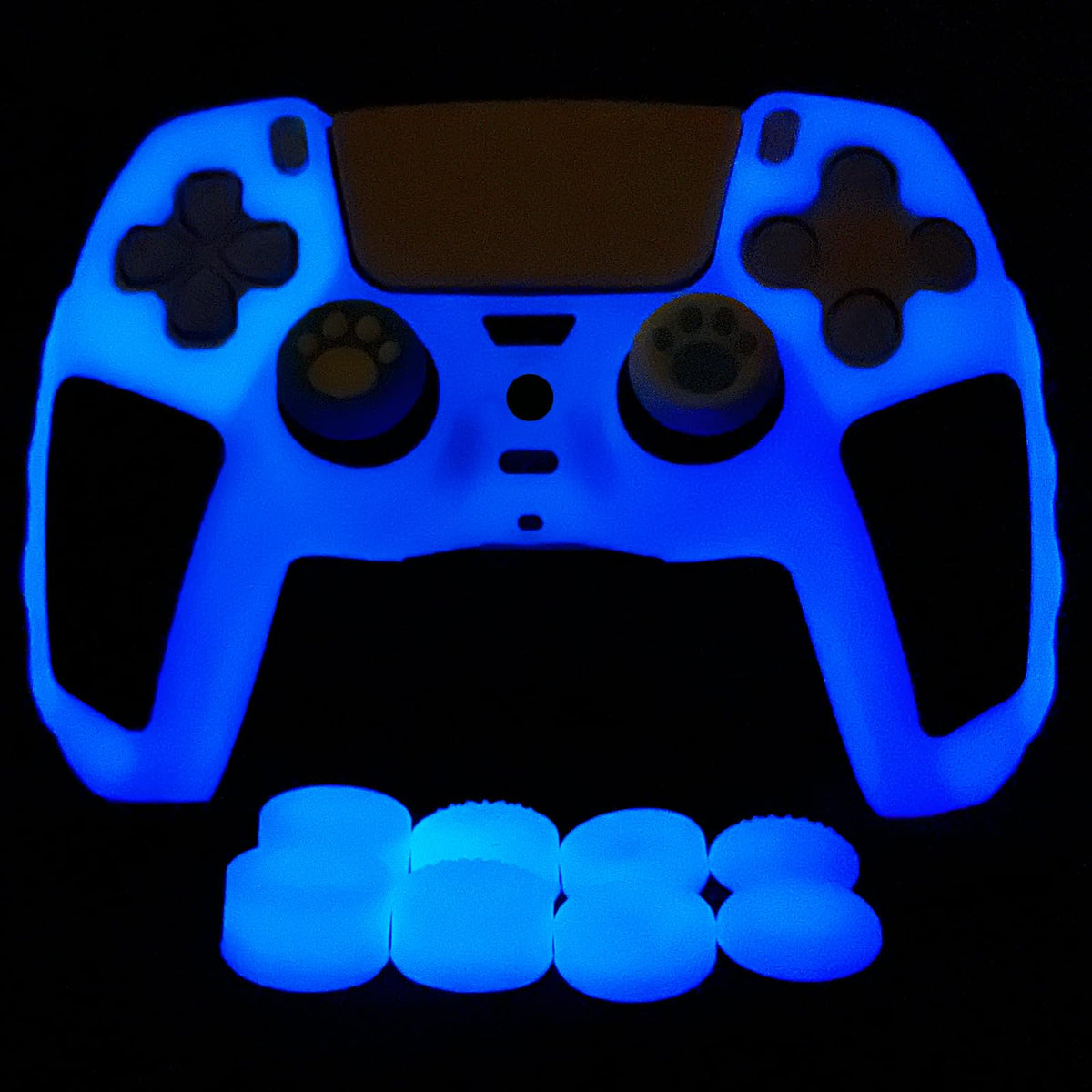 HLRAO Glow in The Dark PS5 Controller Skin Blue Anti Slip Soft Thicked Studded Silicone Cover Skins Compatible with PS5 Controller Include 8 PCS Blue Thumb Grips Glow and 2 Cat Paw Grips Accessories.