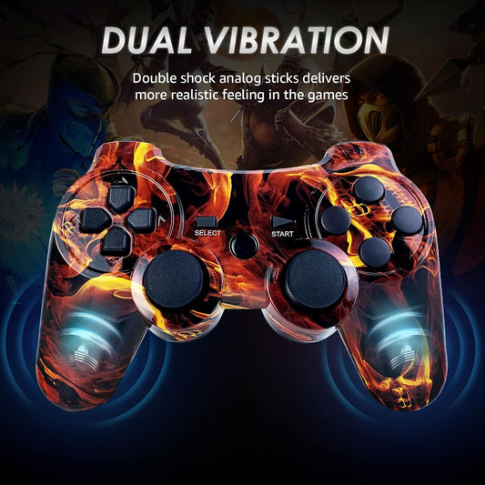 CHENGDAO PS3 Wireless Controller with Double Vibration Motion Control, 1 Pack, Flame